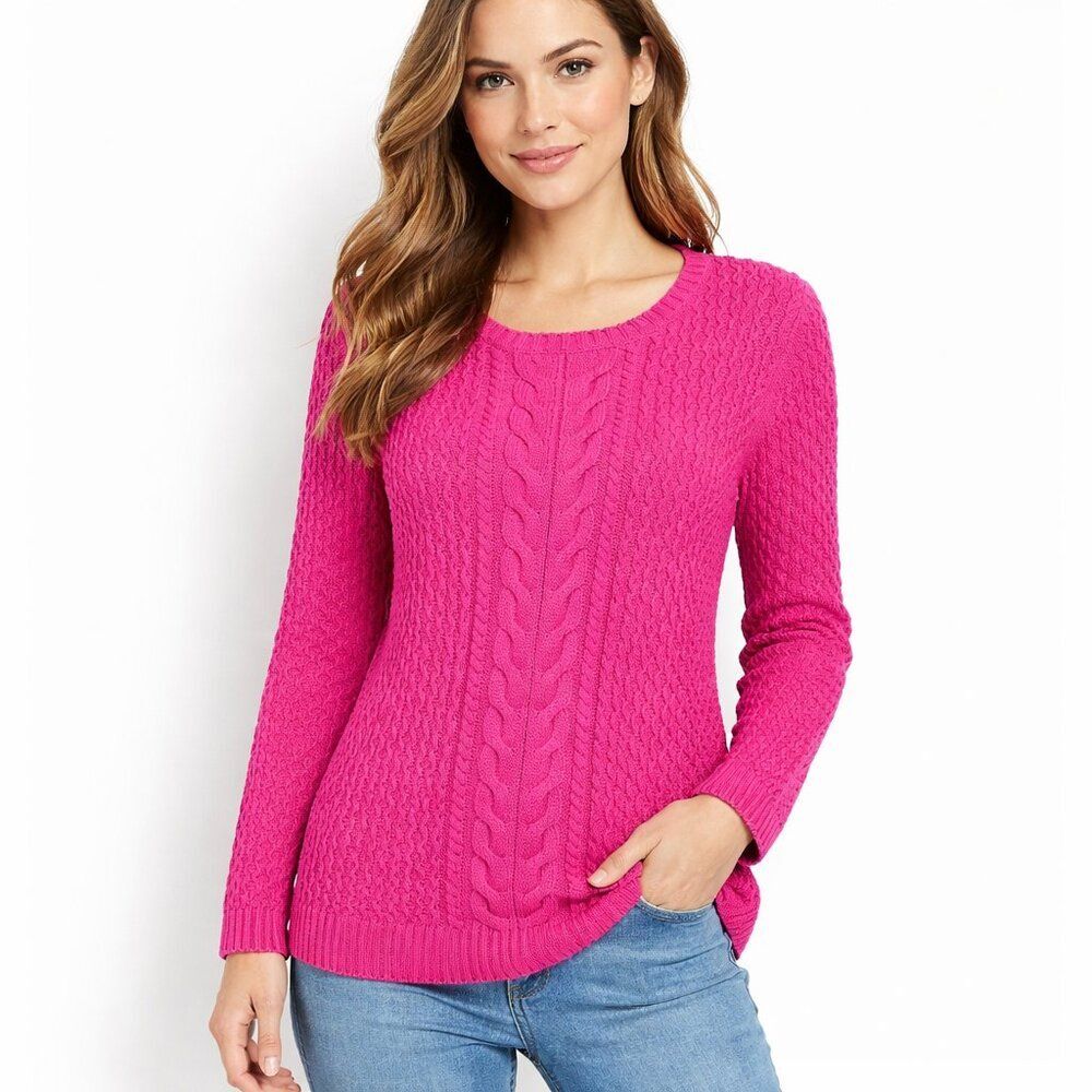 Lands End Y2K Pink Cable Knit Sweater Size Medium Tall